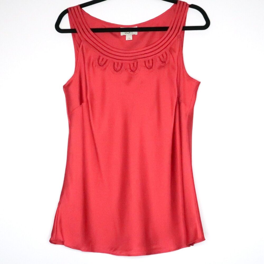 Ann‎ Taylor Loft Womens Tank Size 14 Pink Coral Eyelet Neck Blouse Satin Career